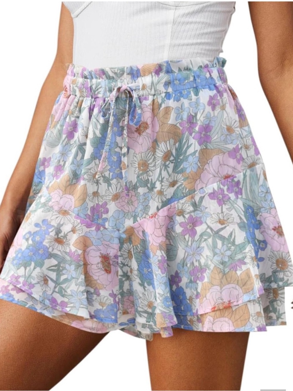 Blue Purple Floral Ruffle Chiffon Tennis Tiered Skort Skirt Shorts L Large